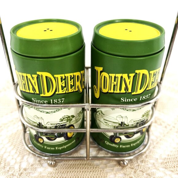 John Deere Metal Salt and Pepper Shaker Set w/ Caddy EUC - Picture 8 of 11